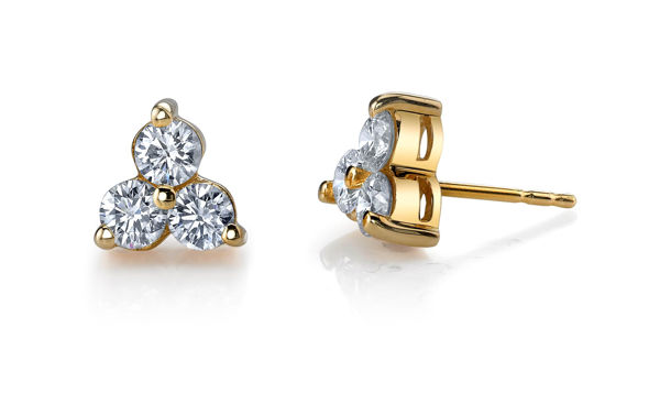 14Kt Yellow Gold Three Stone Cluster Stud Diamond Earrings