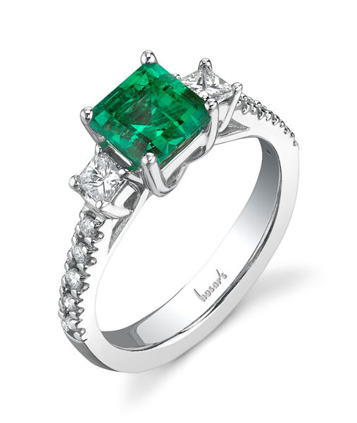 14Kt White Gold Three Stone Style Princess Cut Emerald and Diamond Classic Ring