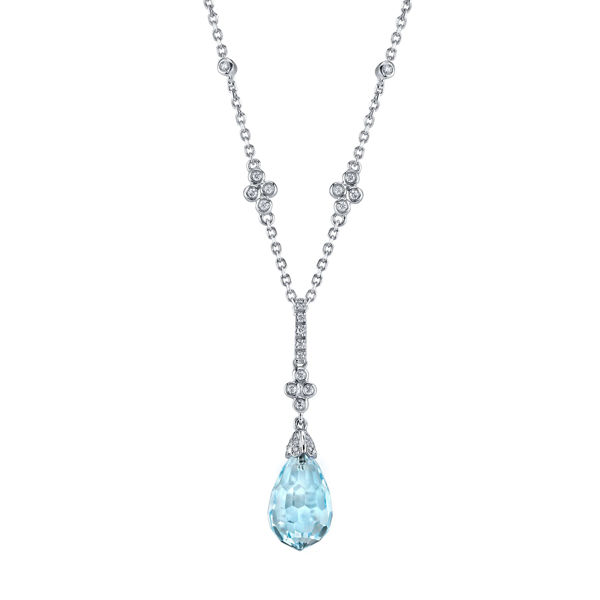 14Kt White Gold Aquamarine Briolette Drop with Diamond Bail and Scattered Diamond Chain
