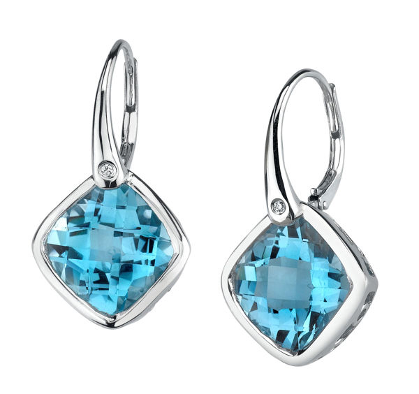 14Kt White Gold Cushion Cut Blue Topaz with Diamond Accent Drop Earrings