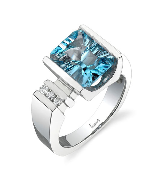 14Kt White Gold Bold Design Fancy Blue Topaz and Diamond Ring
