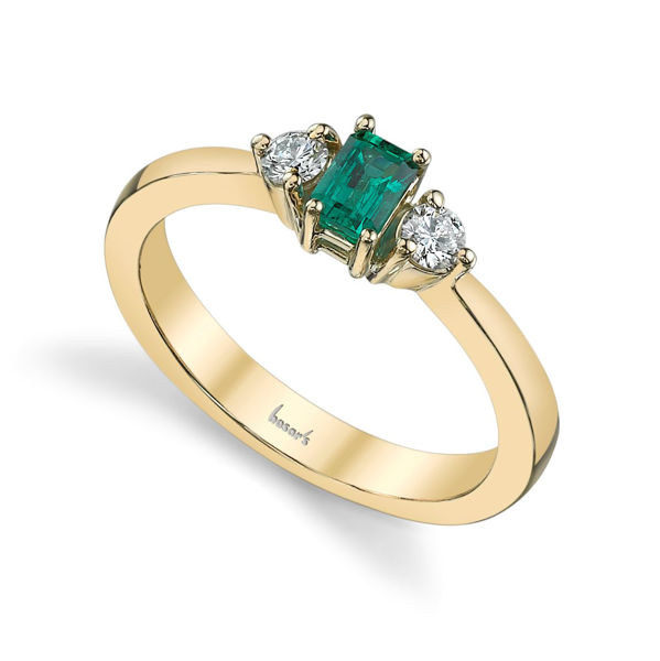 14Kt Yellow Gold Classic Three Stone Style Emerald and Diamond Ring