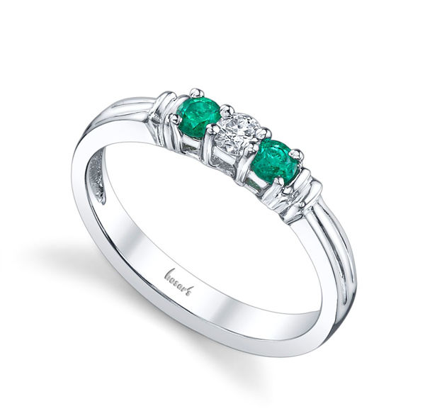 14Kt White Gold Classic Three Stone Style Emerald and Diamond Ring