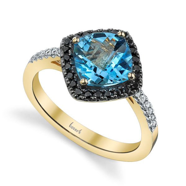 14Kt Yellow Gold Modern Black Diamond Halo Style Blue Topaz and Diamond Ring