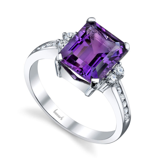 14Kt White Gold Emerald Cut Amethyst and Diamond Classic Style Ring