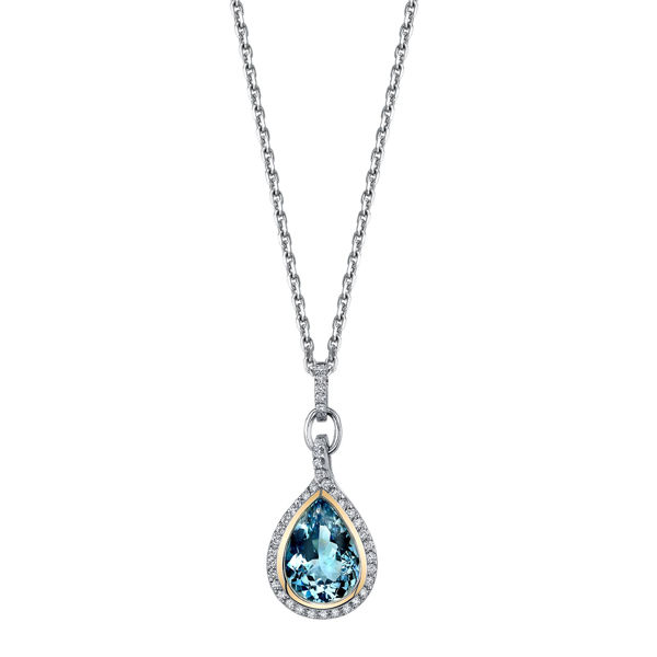 14Kt White and Yellow Gold Dynamic Pear Shaped Aquamarine and Diamond Halo Pendant