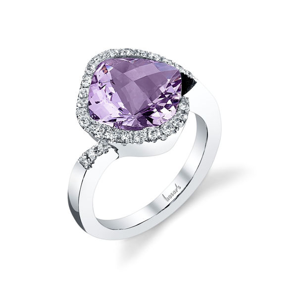 14Kt White Gold Cushion Cut Amethyst and Diamond Partial Halo Ring