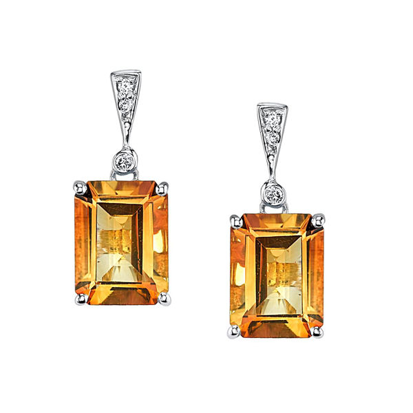 14Kt White Gold Bold Emerald Cut Citrine and Diamond Drop Earrings