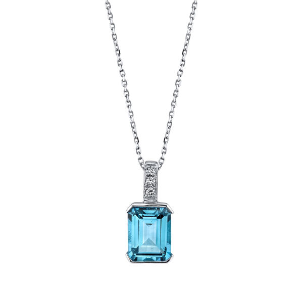 14Kt White Gold Classic Octagon Shaped Blue Topaz with Diamond Bale Pendant
