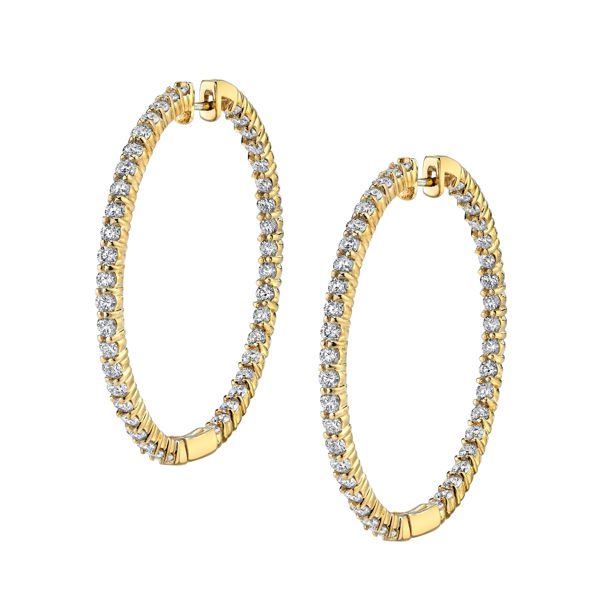 14Kt Yellow Gold 'Inside and Outside' Hoop Earrings with Shared Prong Set Diamonds
