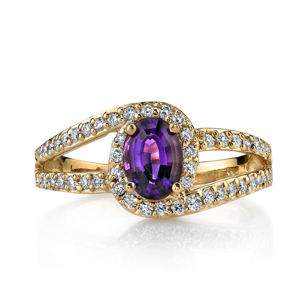 14Kt Yellow Gold Bypass Design Oval Amethyst with Diamond Halo Ring