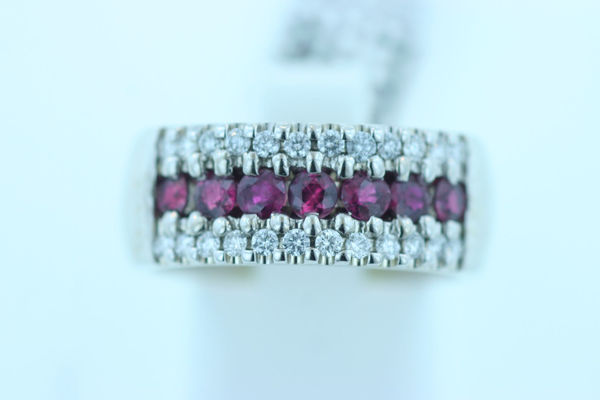 14Kt. White Gold Fashionable Three Row Ruby and Diamond Ring