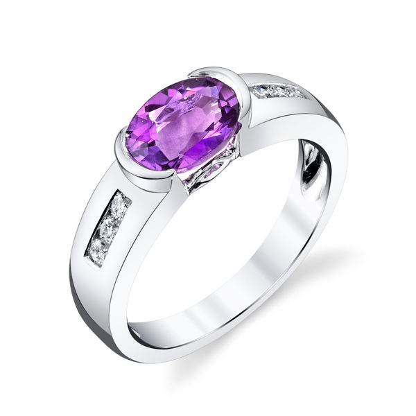 14Kt White Gold Oval Amethyst and Channel Set Diamond Contemporary Straight Ring