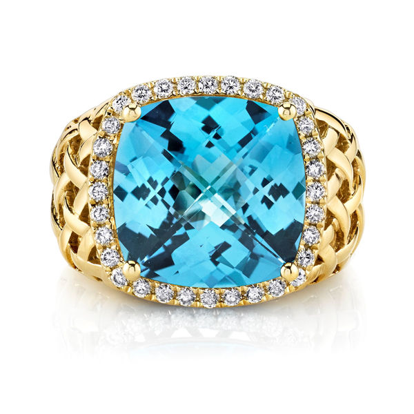 14Kt Yellow Gold Halo Style Dynamic Cushion Shaped Blue Topaz and Diamond Woven Ring