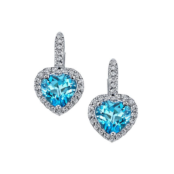 14Kt White Gold Halo Style Heart Shaped Blue Topaz and Diamond Drop Earrings
