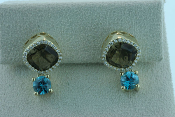 14Kt Yellow Gold Blue Zircon Drop from Diamond Halo Style Smokey Quartz Stud Earrings