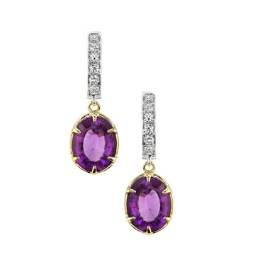 14Kt White and Yellow Gold Oval Amethyst Dangle and Diamond Hoop Earrings