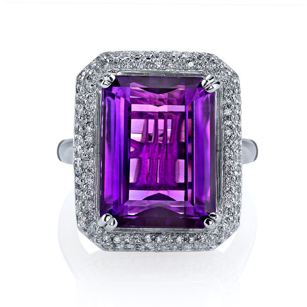 14Kt White Gold Pave Halo Style Emerald Cut Amethyst and Diamond Ring