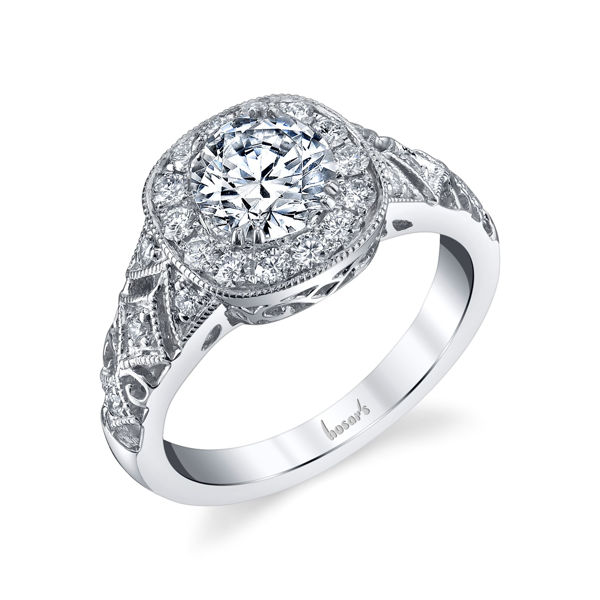 14Kt White Gold Vintage Filagree Cushion Halo Diamond Engagement Ring
