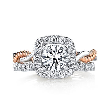 14Kt White and Rose Gold Twist Halo Diamond Engagement Ring with Rope Detail