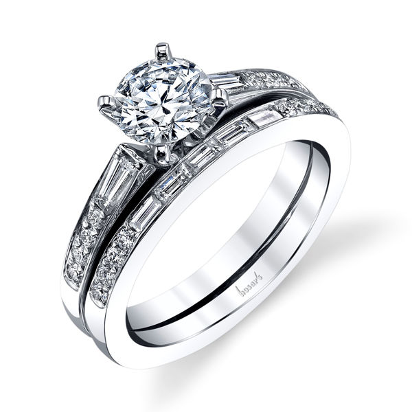 14Kt White Gold Baguette and Round Diamond Cathedral Engagement Ring