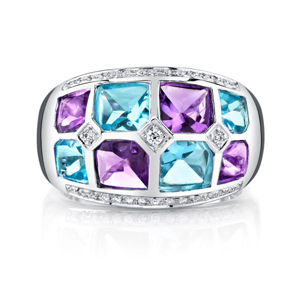 14Kt White Gold Checkerboard Amethyst, Blue Topaz and Diamond Ring