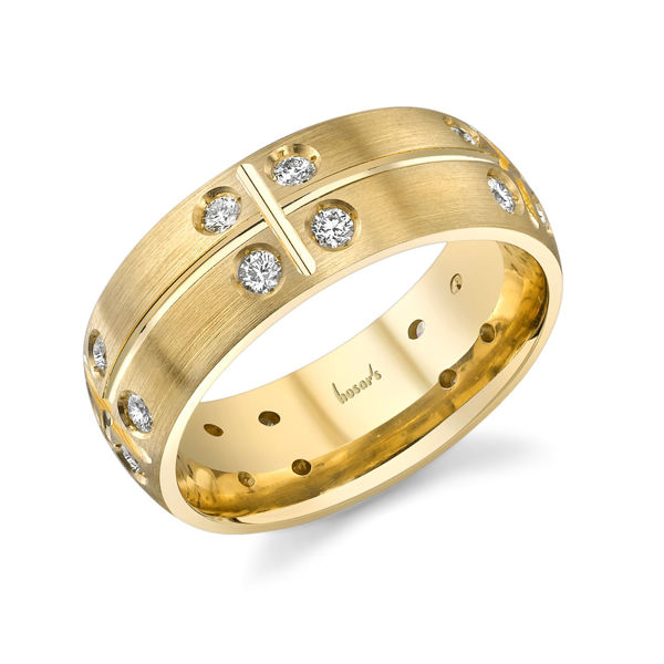14Kt Yellow Gold Men's Checkered Diamond Wedding Ring with Engraving