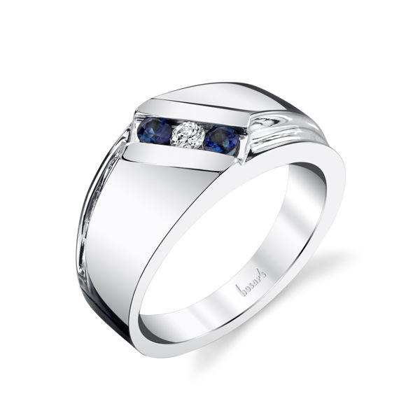 14Kt White Gold Men's Bypass Style Diamond and Sapphire Wedding Ring