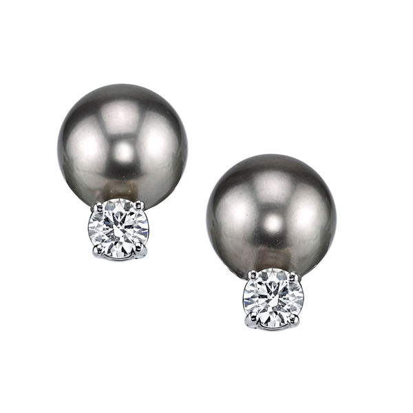 14Kt White Gold Classic 10mm Black Tahitian Pearl and Diamond Stud Earrings
