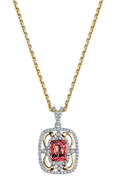 14Kt White and Yellow Gold Vintage Double Halo Style Cushion Cut Pink Tourmaline and Diamond Swirl Pendant