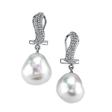 14Kt White Gold 13mm South Sea Pearl and Curved Pave Diamond Drop Earrings