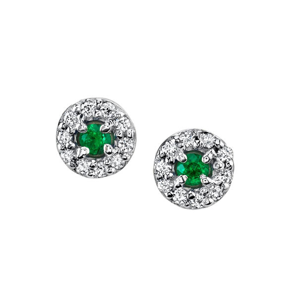 14Kt White Gold Halo Style Emerald and Diamond Stud Earrings