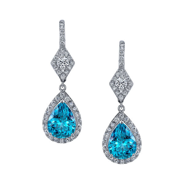 14Kt White Gold Diamond Halo Style Pear Shaped Blue Topaz and Diamond Drop Earrings