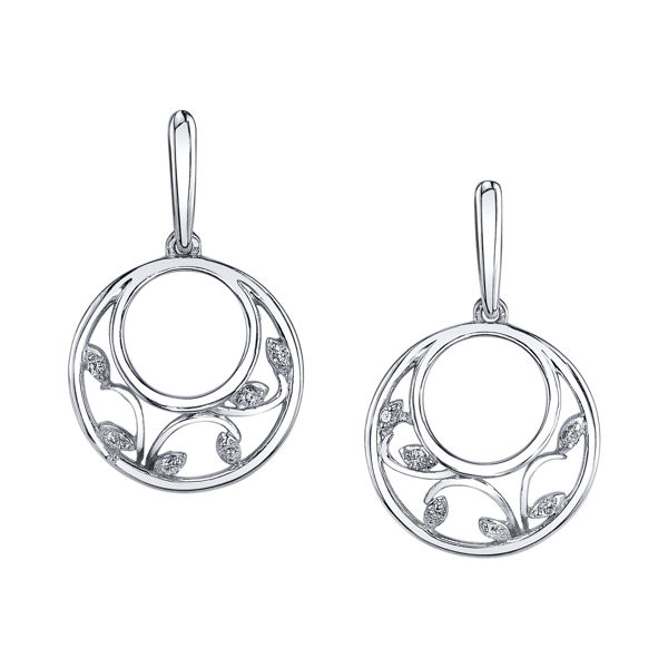 14kt White Gold Double Circle Diamond Earrings with Vine Accent