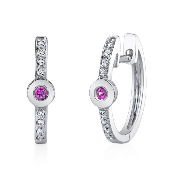 14Kt White Gold Classic Hoop Design Ruby and Diamond Earrings