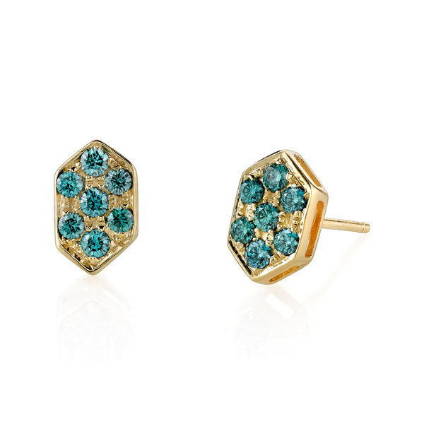14Kt Yellow Gold Hexagon Blue Diamond Earrings