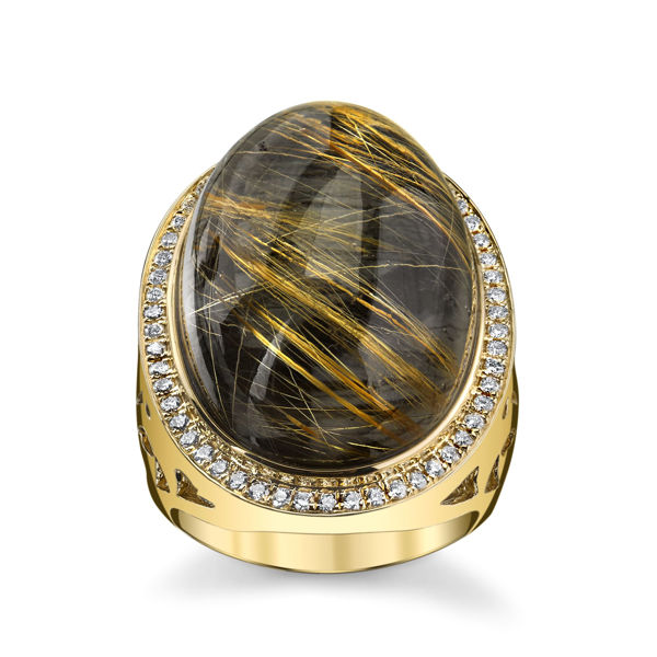 14Kt Yellow Gold One of a Kind Assembled Rutilated Quarts, Hematite and Diamond Ring