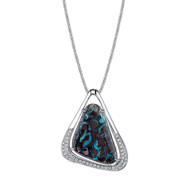 14Kt White Gold Exotic Boulder Opal and Diamond Pendant