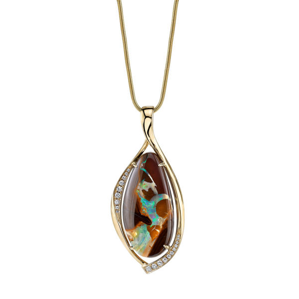 14Kt Yellow Gold One of a Kind Boulder Opal and Diamond Pendant