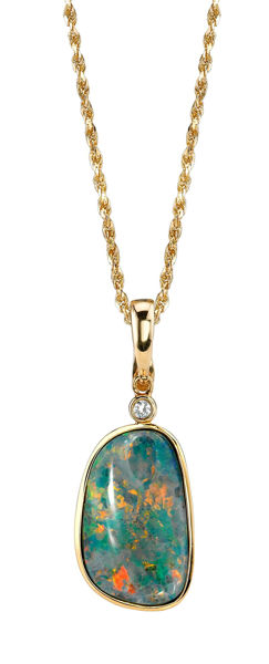 14Kt Yellow Gold Fancy Shaped Opal Doublet with Diamond Accent Pendant