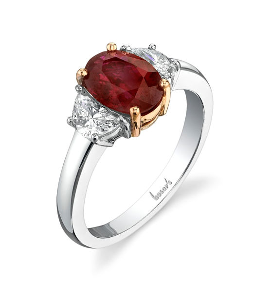 18Kt. White and Yellow Gold Three Stone Style Ruby and Half Moon Diamond Ring