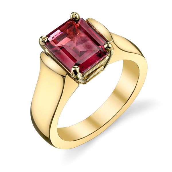 14Kt Yellow Gold Classic Cathedral Emerald Cut Rhodalite Garnet RIng
