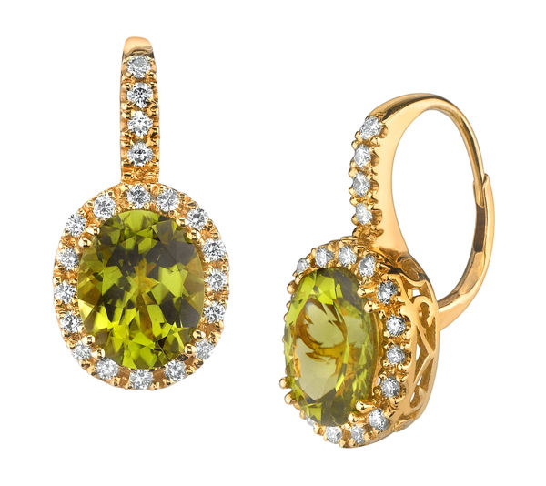 14Kt Yellow Gold Vintage style Oval Peridot and Diamond Halo Earrings with Leverbacks.