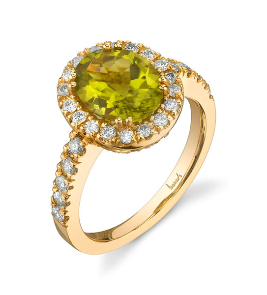 14Kt Yellow Gold Classic Halo Style Oval Peridot and Diamond Ring