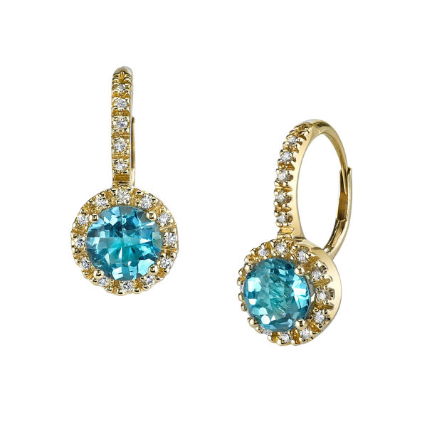 14Kt Yellow Gold Classic Halo Style Blue Topaz and Diamond Drop Earrings