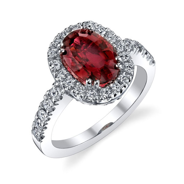 14Kt. White Gold Oval Shaped Halo Ruby and Diamond Ring