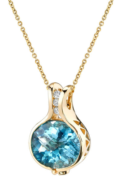 14Kt Yellow Gold Contemporary Design Oval Blue Topaz and Channel Set Diamond Pendant