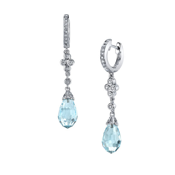 14Kt White Gold Vintage Style Blue Topaz Briolette and Diamond Drop Earrings