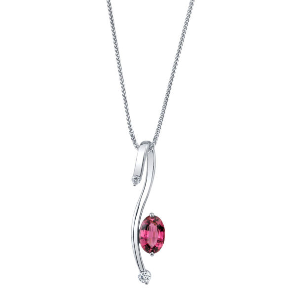 14Kt. White Gold Contemporary Curved Bar Rubellite Tourmaline and Diamond Pendant