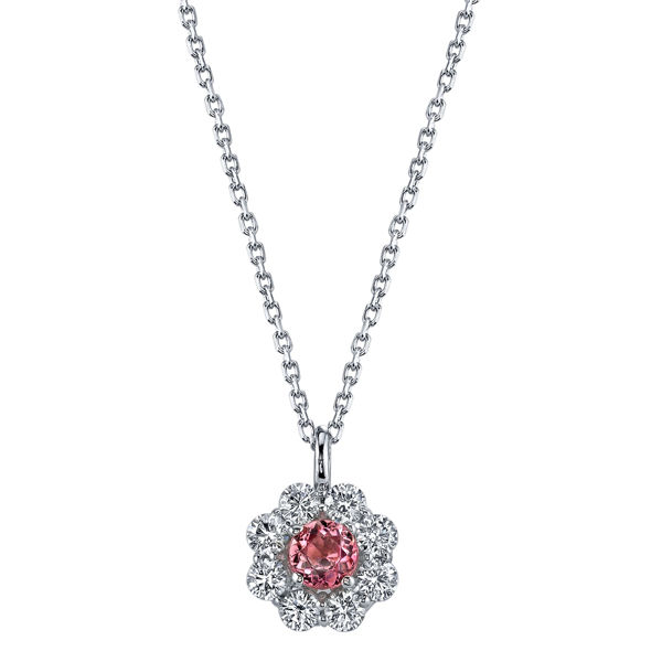 14Kt. White Gold Unique Flower Halo Style Pink Tourmaline and Diamond Pendant